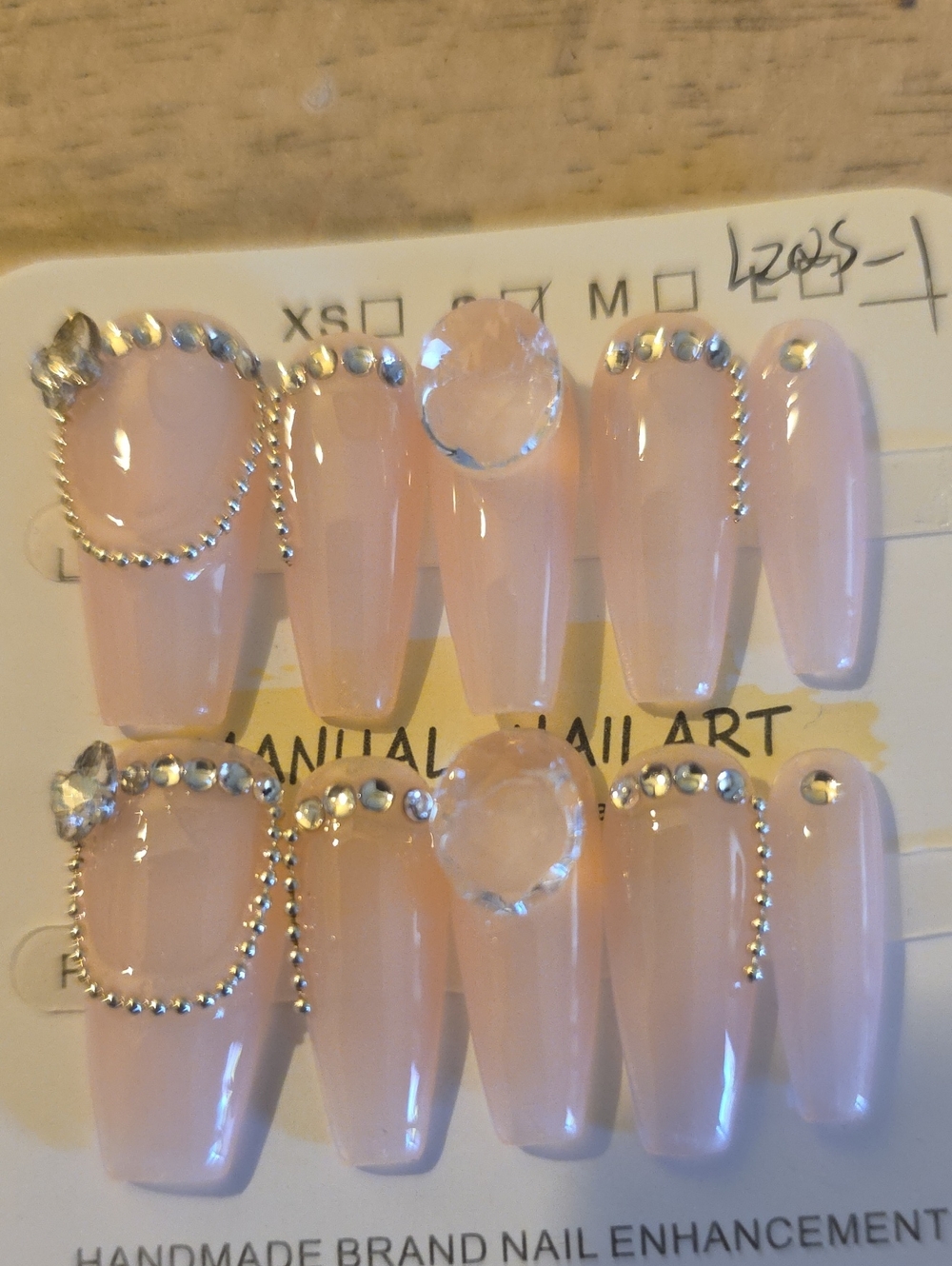 Handmade Pink Crystal Accent Press-On Nail Set - Size Small